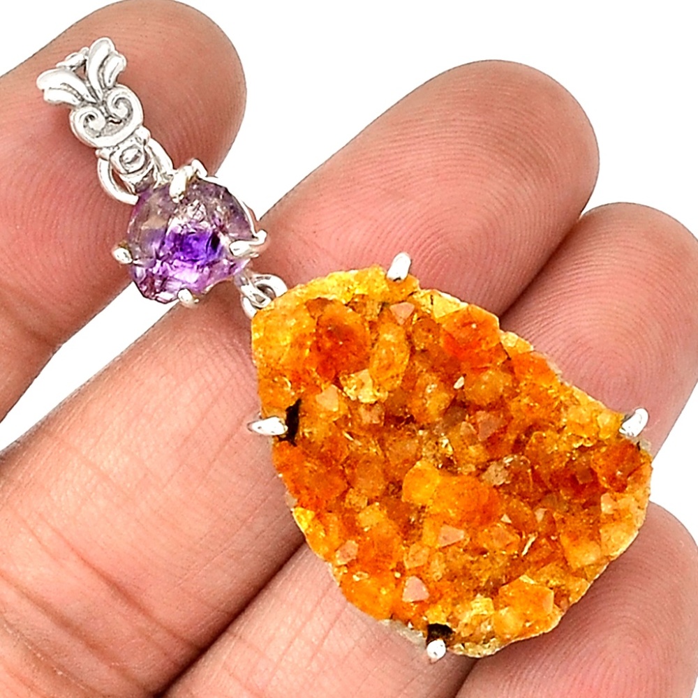 13g Citrine Druzy & Cacoxenite Crystal 925 Silver